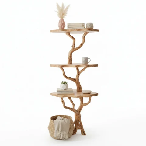 Corner Tree Floating Bookshelf - Handcrafted Driftwood & Solid Wood Shelf