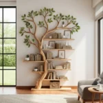 Freestanding Tree Bookshelf - Handcrafted Wooden Sculpture with Leafy Branch Shelves