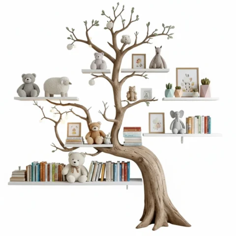 Handmade Tree-Shaped Bookshelf - Natural Wood Wall Display for Kids' Rooms & Classrooms