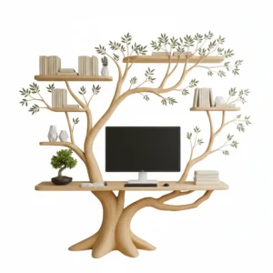 Handmade Tree-Shaped Desk - Solid Wood Workspace with Floating Shelves