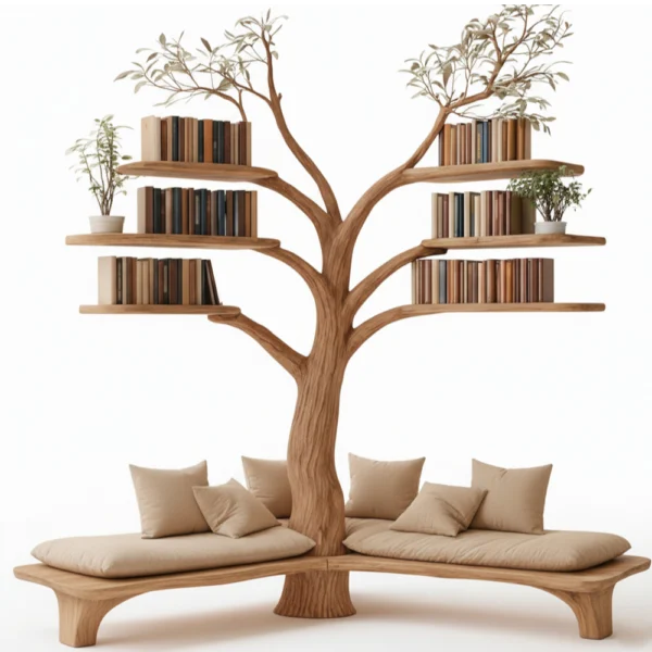 Rustic Tree Bookshelf with Corner Bench - Handmade Wooden Reading Nook for Kids & Nature Lovers
