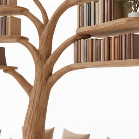 Rustic Tree Bookshelf with Corner Bench – Handmade Wooden Reading Nook for Kids & Nature Lovers2