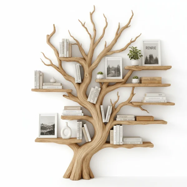 Rustic Wooden Oak Book Shelf tree craft for indoor living room Corner Indoor
