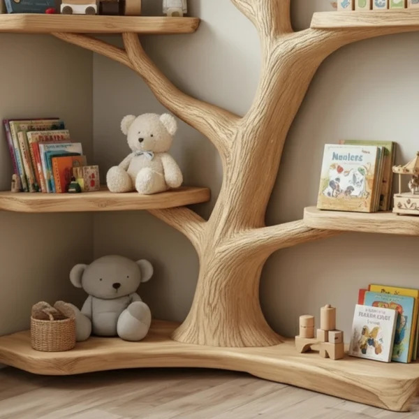 Tree-Shaped Wooden Shelf - Handcrafted Wall Art & Bookshelf